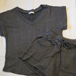 Gray Knit V-Neck Top and Shorts Set